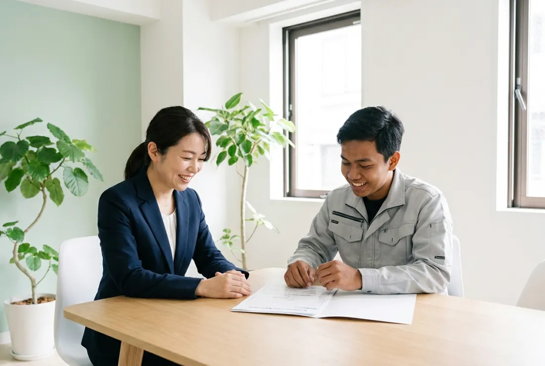 書類を前に相談する日本人スタッフと外国人の男性(サンプル画像)